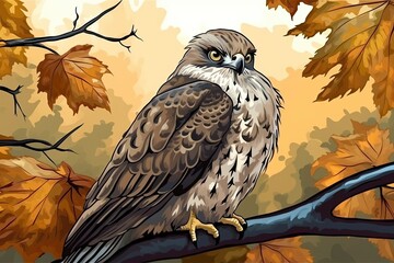 picture of a furious hawk sitting on a tree branch taken from a low angle. Generative AI