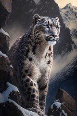 A snow leopard prowling through the snowy peaks of a mountain range, its spotted fur blending in with the rocks.