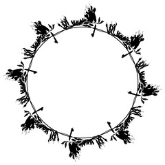 Round floral frame with blooming branches of Salvia Amistad Sage plant. Wreath of flowers. Black silhouette on white background. Isolated vector illustration.