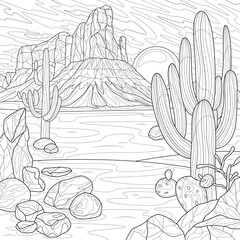 Wild west desert and cacti.Coloring book antistress for children and adults. Illustration isolated on white background.Zen-tangle style. Hand draw