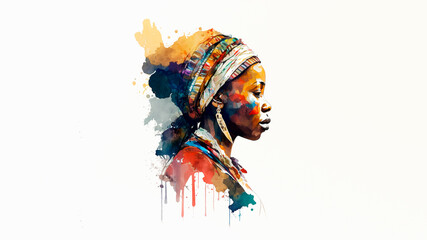Fototapeta na wymiar Generated with artificial intelligence: South African woman in profile painted in watercolours
