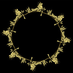 Round floral frame with blooming branches of Salvia Amistad Sage plant. Wreath of flowers. Golden glossy silhouette on black background.