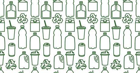 Ecology seamless pattern with small drink packaging pictograms. Linear icons. Vector illustration. Zero waste concept. Reduce, refuse, recycle. Green lifestyle. For print, wallpaper, textile, design