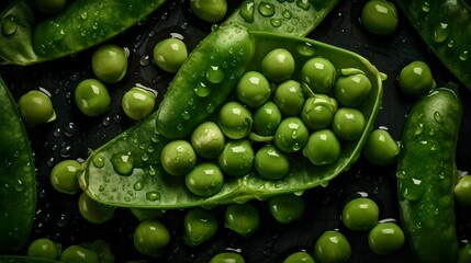 Fresh healthy & organic green peas with drops of water. From above. Close up. Macro. Greens. Food magazine. Food Design. Close up of green peas. Vegetable. Generative AI.
