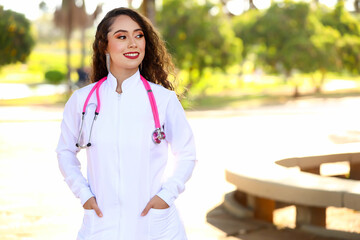 woman doctor, successful woman, speech therapy, stethoscope, lab coat, smiling, healthcare worker,...