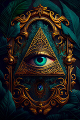 Illuminati logo, all seeing eye symbol on pyramid, concept of masonic secret societies, conspiracys and ruling the world