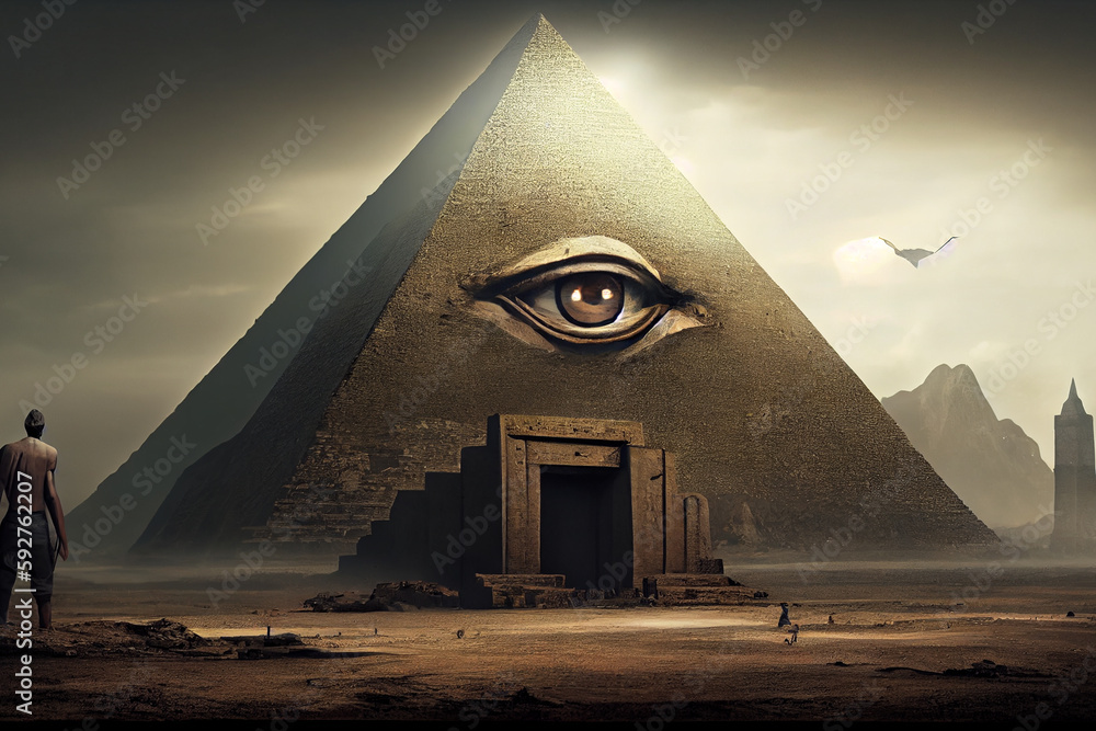 Wall mural Illuminati logo, all seeing eye symbol on pyramid, concept of masonic secret societies, conspiracys and ruling the world