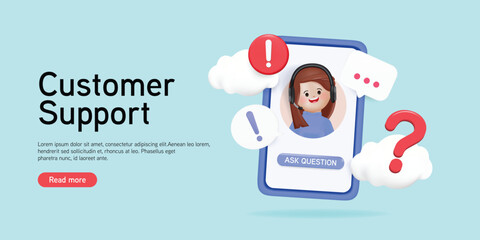Customer service landing page. Woman with headphones and microphone with smartphone. Customer support website. Concept illustration for support, assistance, call center. 3D render Vector illustration