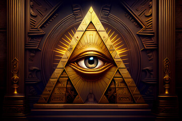 Illuminati logo, all seeing eye symbol on pyramid, concept of masonic secret societies, conspiracys and ruling the world
