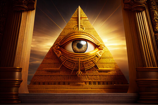 Illuminati logo, all seeing eye symbol on pyramid, concept of masonic secret societies, conspiracys and ruling the world