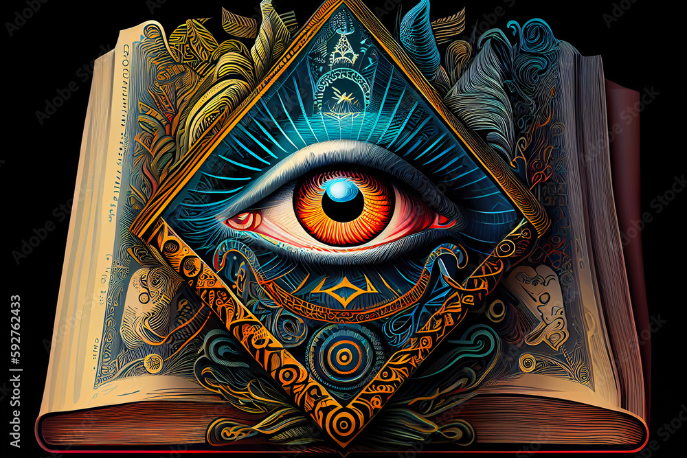 Wall mural Illuminati logo, all seeing eye symbol on pyramid, concept of masonic secret societies, conspiracys and ruling the world