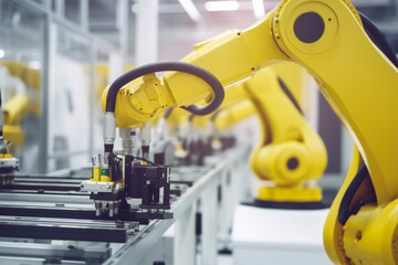 Robot arm working in assembly line industry. manufacturing factory, automatization with advanced technology and artificial intelligence