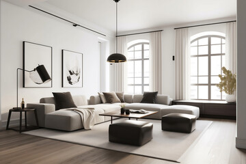 Stilvolles und modernes Wohnzimmer mit minimalistischem Design, Generative AI