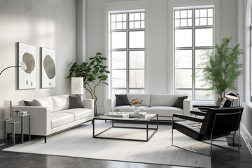 Stilvolles und modernes Wohnzimmer mit minimalistischem Design, Generative AI