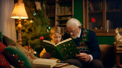 Obraz premium Grandfather and grandson reading book in Christmas eve at home, created with Generative AI Technology