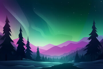 Landscape with aurora borealis in the night sky during winter in the arctic, green pink and purple hue glow, wallpaper or background banner with empty space for copy text