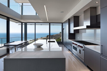 Modern luxury kitchen in villa with ocean beach view and large windows, concept of architecture and real estate inspiration or mock up.
