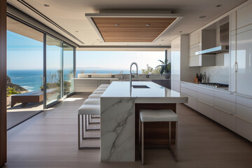 Modern luxury kitchen in villa with ocean beach view and large windows, concept of architecture and real estate inspiration or mock up.