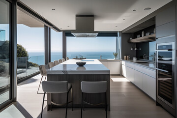 Modern luxury kitchen in villa with ocean beach view and large windows, concept of architecture and real estate inspiration or mock up.