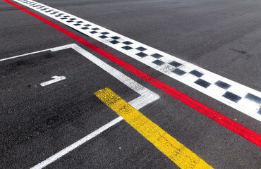 Pole position number one sign on asphalt race track, arrival first win start concept, motor sports...