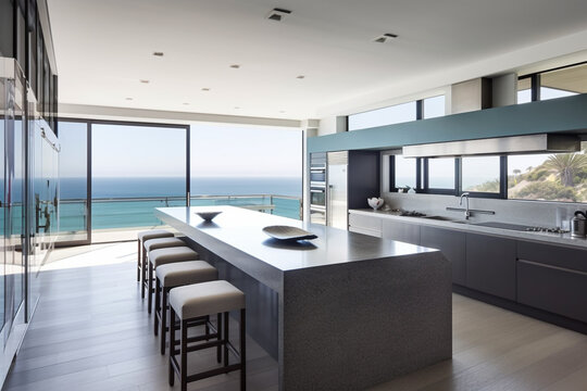 Modern luxury kitchen in villa with ocean beach view and large windows, concept of architecture and real estate inspiration or mock up.
