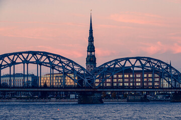 view of Old Riga across the Daugava river in the evening 2