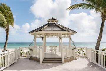 beachfront wedding venue with stunning ocean views, white sands, palm trees, and a romantic gazebo, providing a picturesque backdrop for a destination beach wedding ceremony - Generative AI