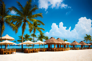 Bar on the sandy beach with the ocean or sea and palm trees as a backdrop. Ai generative.