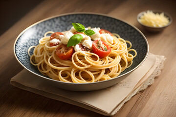 Plate of pasta and tomatoes on the table. Ai generative.