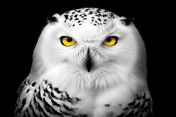Black and white owl with dazzling golden eyes in a portrait. Generative AI