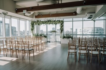 hic rooftop wedding venue with panoramic city views, trendy lounge seating, modern decor, and a stylish bar, offering a trendy urban setting for sophisticated city wedding celebration - Generative AI