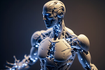 Close up of humanoid cyborg robot with blue eyes powered by futuristic technology and artificial intelligence, AI