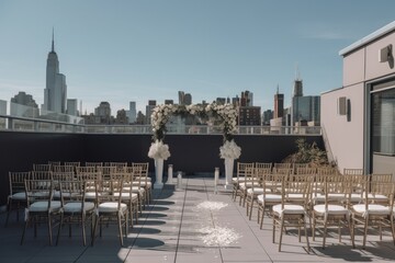 hic rooftop wedding venue with panoramic city views, trendy lounge seating, modern decor, and a stylish bar, offering a trendy urban setting for sophisticated city wedding celebration - Generative AI