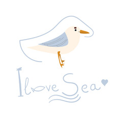 Seagulls on white background. Sea seagulls with lettering I love sea. Summer vector illustration