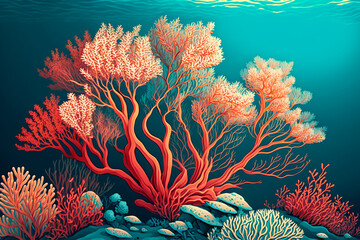 Fototapeta na wymiar Colorful coral reef in the ocean with fish and sea life, background banner or wallpaper