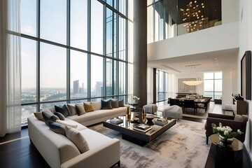 Luxuriöses Wohnzimmer mit Panoramablick auf die Stadtsilhouette, Generative AI