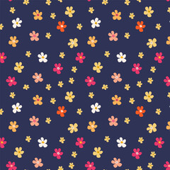 Fototapeta na wymiar Cute floral pattern. Seamless vector texture. Print with colorful flowers on a purple background.