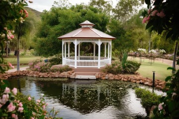 Obraz premium romantic garden wedding venue with blooming flowers, a charming gazebo, winding pathways, and serene ponds, creating a serene and picturesque setting - Generative AI