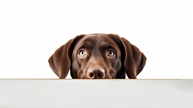 Labrador Retriever dog peeking out from behind a white table with copyspace.