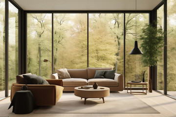 Stilvolles und modernes Wohnzimmer mit minimalistischem Design und Waldblick, Generative AI