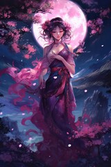 Fototapeta na wymiar Japanese cartoon anime girl in a kimono dress in a field with sacura on a full moon made with generative AI