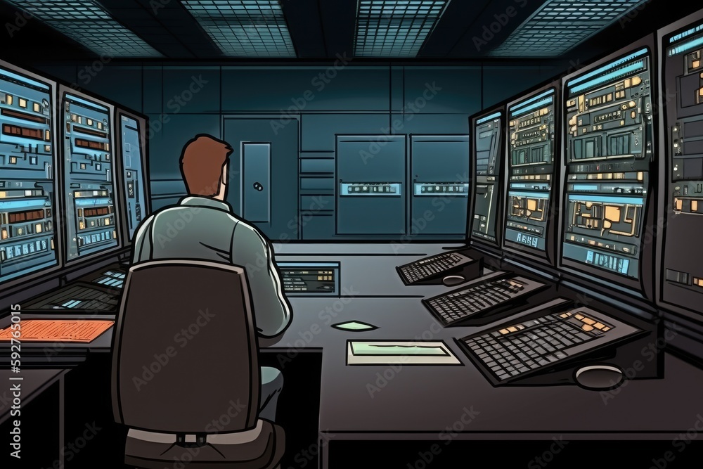 Poster server room at a data center using modern mainframe hardware. generative ai