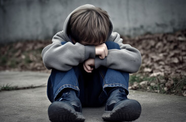 Child abuse - A young, scared and desperate boy sitting on the floor. 