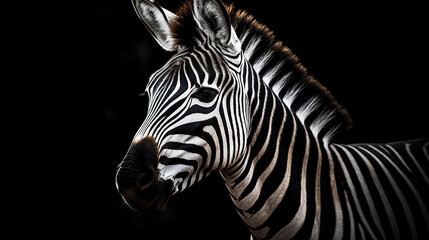 zebra portrait on dark background, generative AI