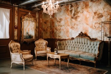 vintage-inspired wedding venue with antique furnishings, ornate decor, retro lighting, and nostalgic touches, transporting couples back in time for unique nostalgic wedding experience - Generative AI