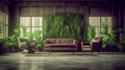 An Industrial Style Living Room with a Unique Wall of Green Plants and Furniture, Generative AI