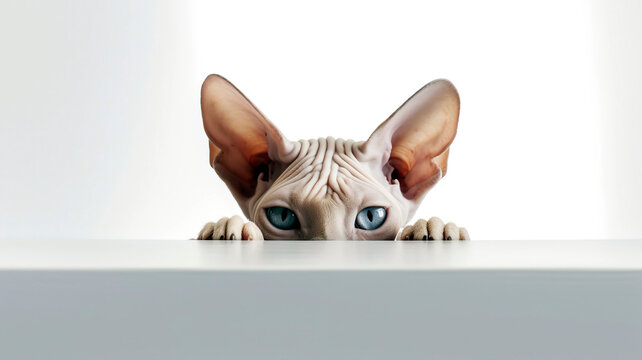 Sphynx Cat peeking out from behind a white table, on white background with copyspace.