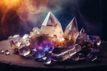 Multicoloured crystals on a smoky background. Created with generative AI technology.