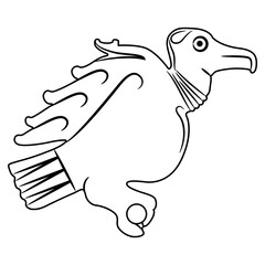 Stylized vulture or bird of prey. Ethnic animal design from ancient China. Jade figurine from Longshan culture. Black and white linear silhouette.
