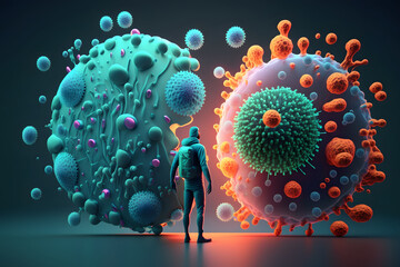 A man in a medical gown stands in front and looks at large macro bacterias. Close up of virus cells and microbes. Human immune system concept. Created with Generative AI